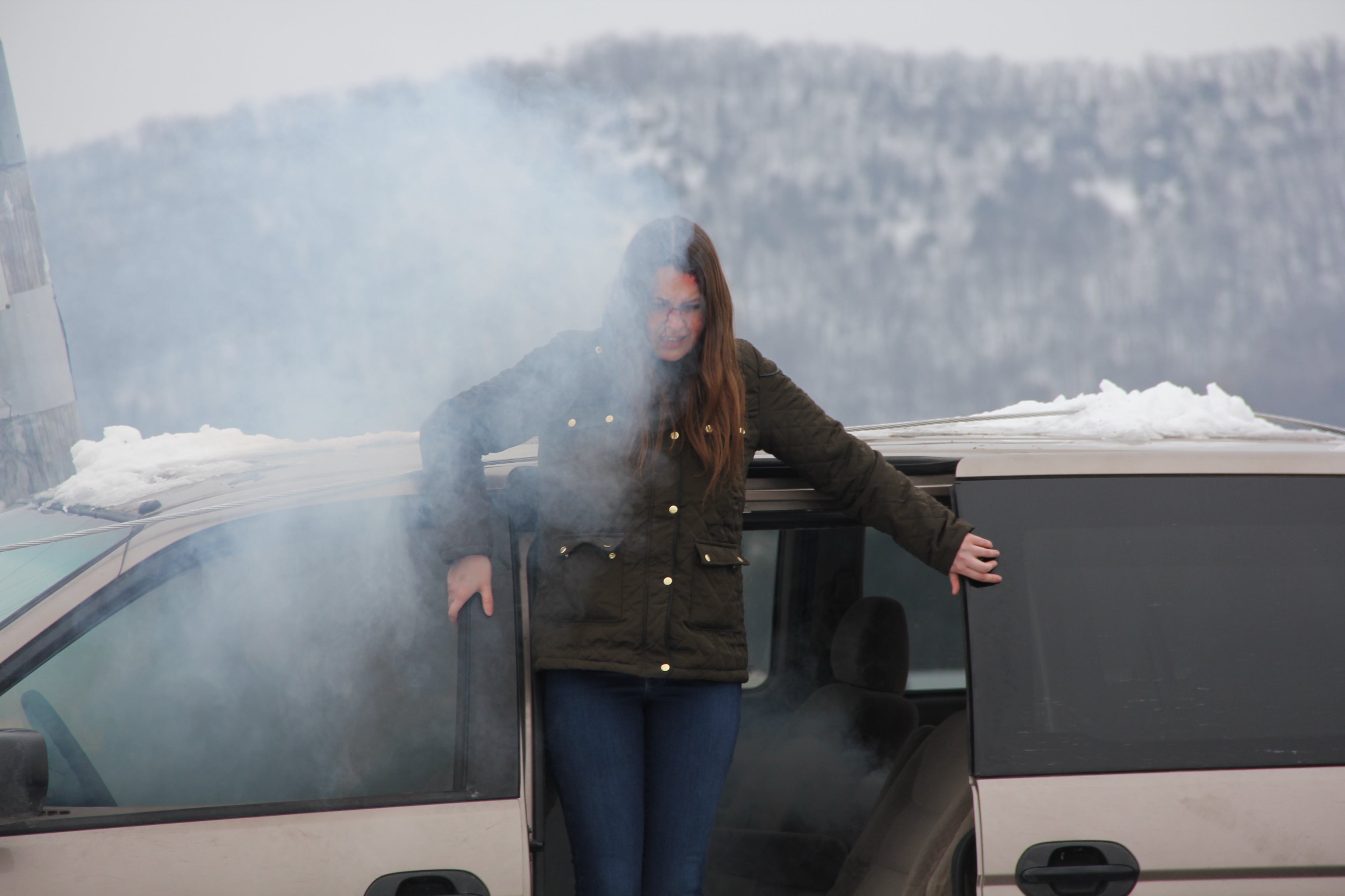 Car Accident, young girl ready to jump out of van door. 