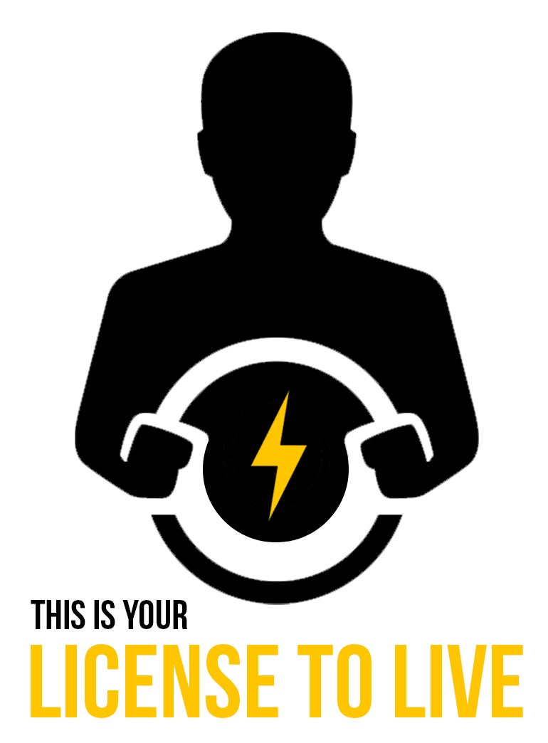This is your license to live logo - a person driving with a lightning bolt icon in the steering wheel. 